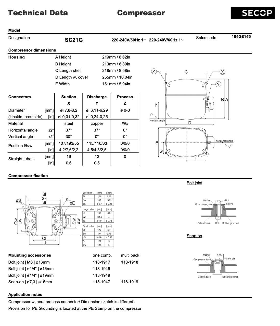 7435216132_kompressor-holodilnyj-secop Компрессор холодильный SECOP SC21G (R-134a) — изображение 3